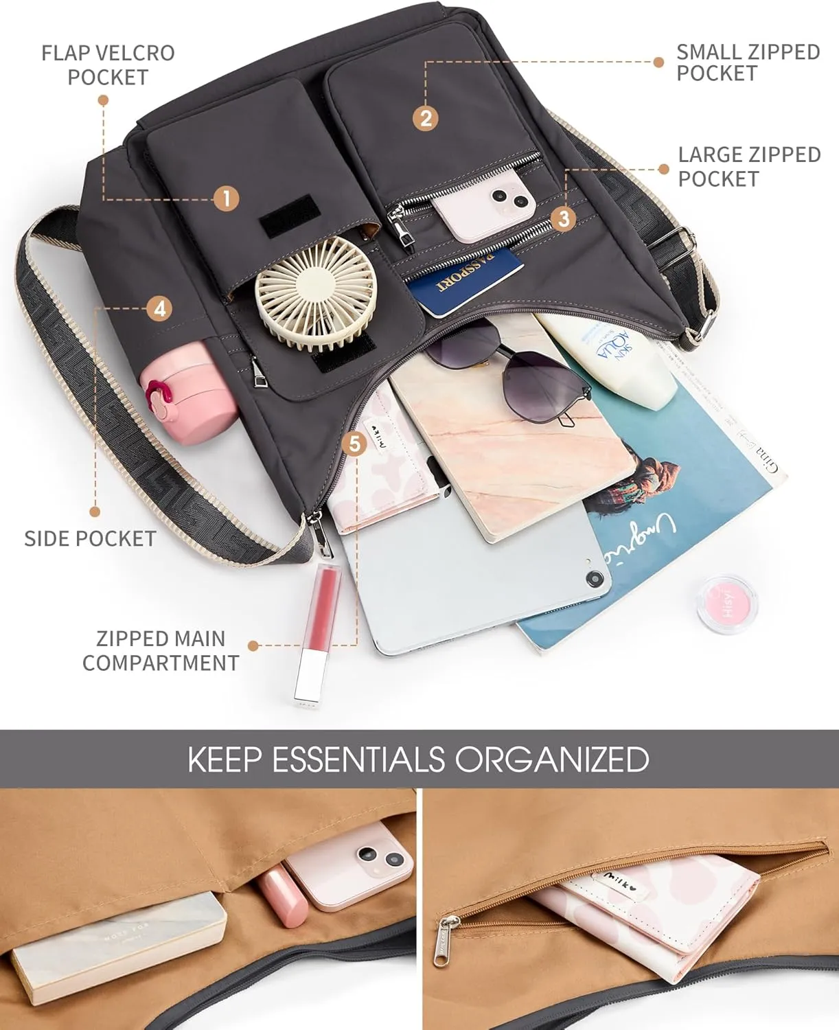 KALIDI Nylon Crossbody Bags for Women Trendy Cross Body Purse with Multiple Pockets For Ladies Casual Work Travel