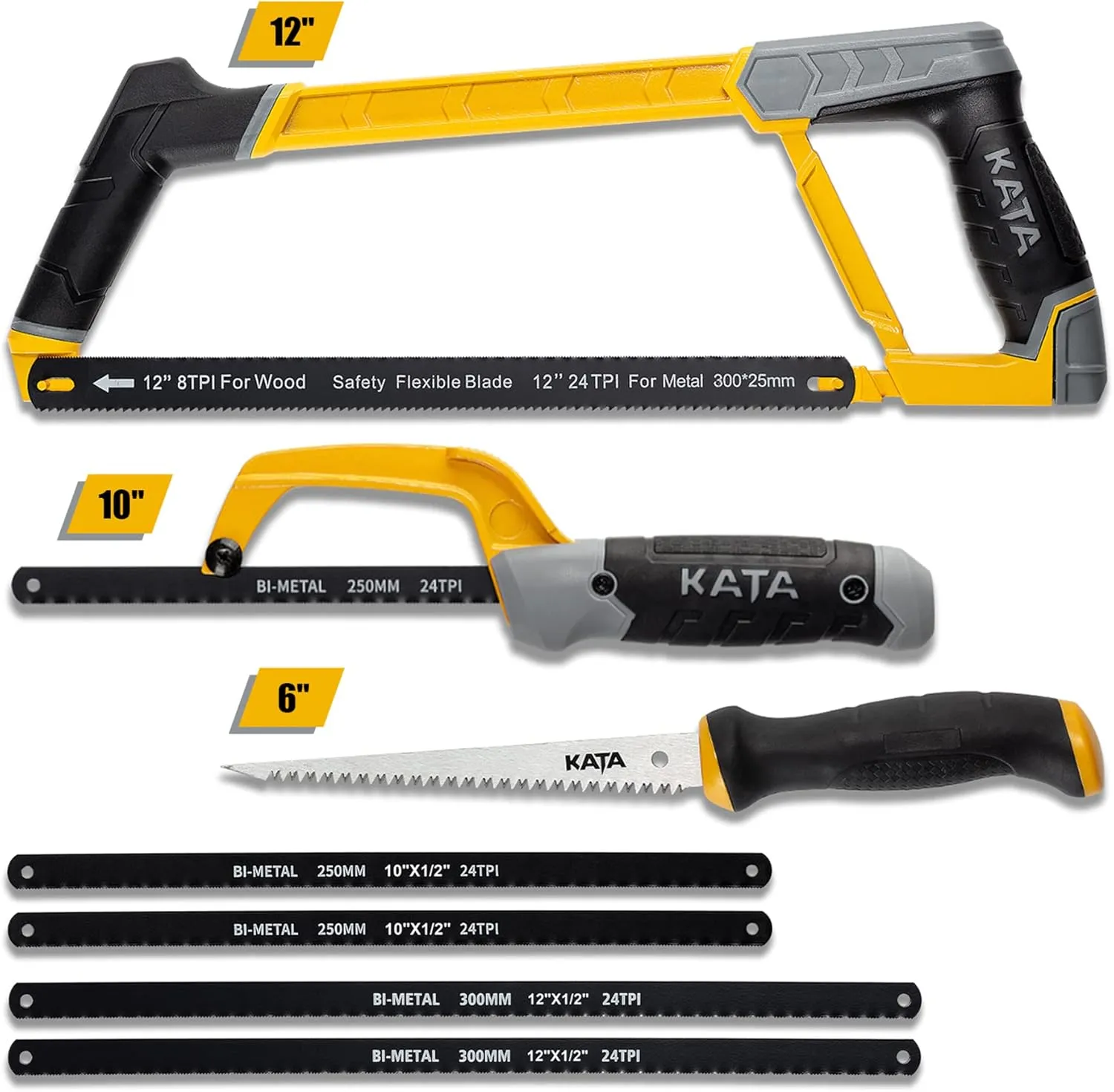 KATA Hacksaw Frame Set, 12" Hacksaw Frame, 10'' Mini Hacksaw and Drywall Saw/Jab Saw, Including 4pc Extra Flexible Bi-Metal HSS Blades, Handsaw for Metal, Wood, PVC Pipes