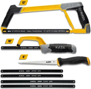 KATA Hacksaw Frame Set, 12" Hacksaw Frame, 10'' Mini Hacksaw and Drywall Saw/Jab Saw, Including 4pc Extra Flexible Bi-Metal HSS Blades, Handsaw for Metal, Wood, PVC Pipes