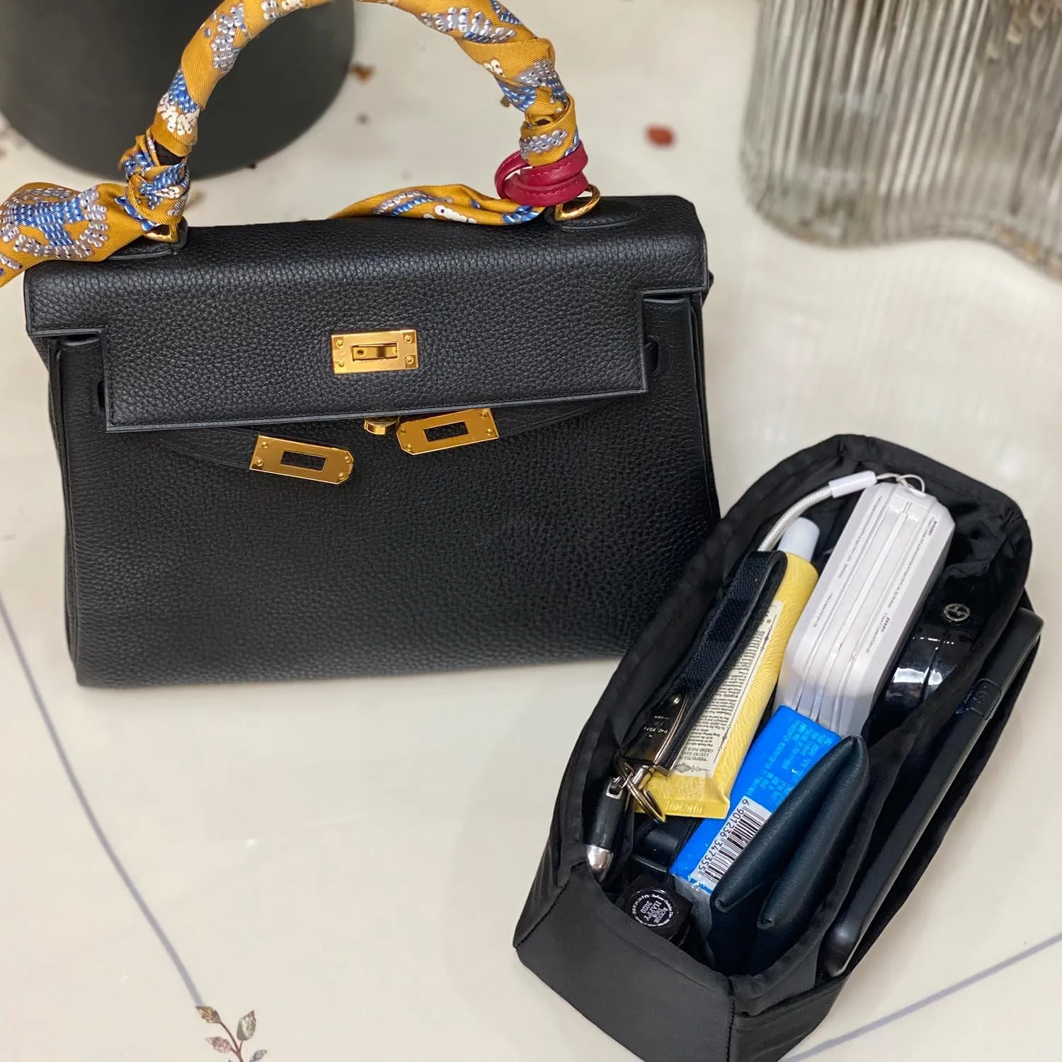 Kelly 25 Bag Insert, Silky Purse Organizers for Inside Purse, Lightweight Shaper Compatible with Hermes Kelly 25 Bag, Multi Color Options(Black, KE 25)