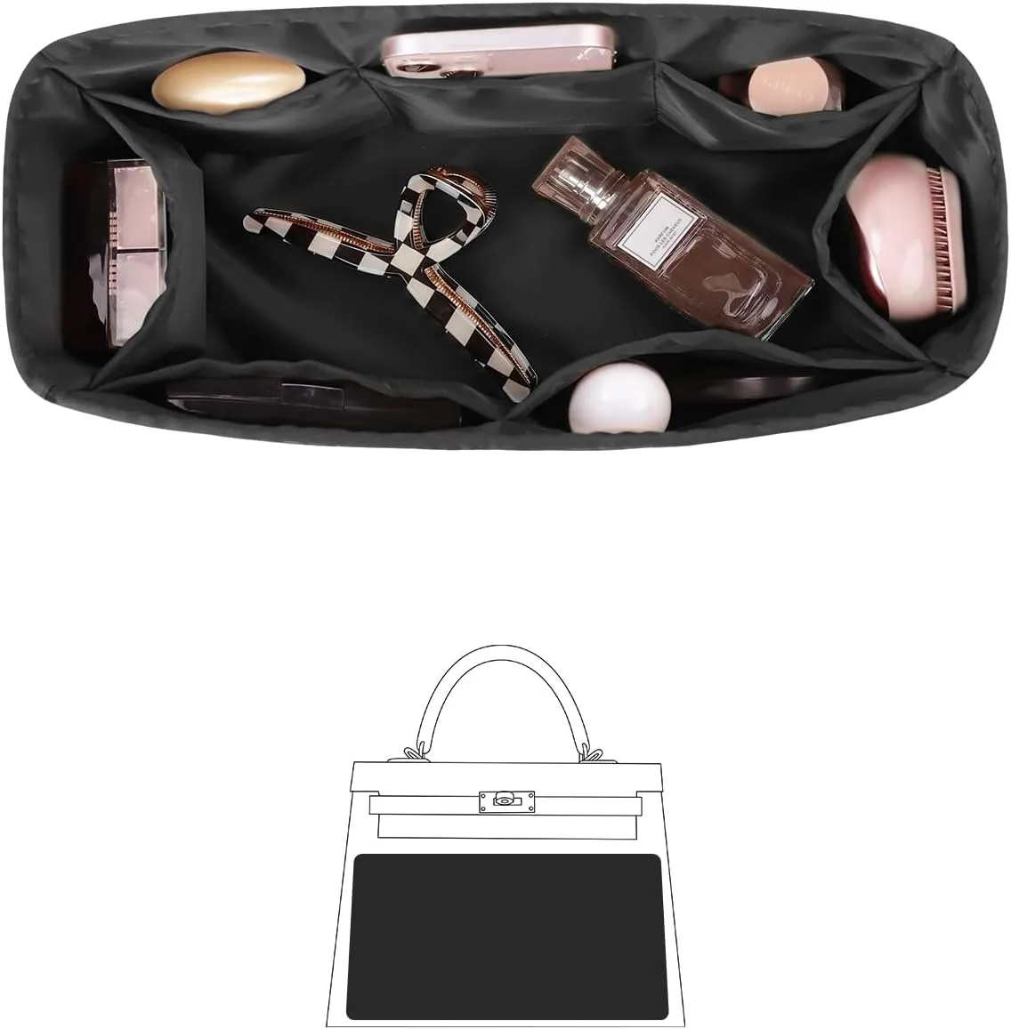 Kelly 25 Bag Insert, Silky Purse Organizers for Inside Purse, Lightweight Shaper Compatible with Hermes Kelly 25 Bag, Multi Color Options(Black, KE 25)