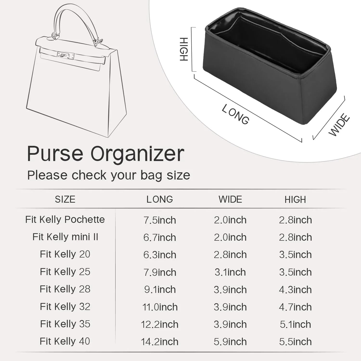Kelly 32 Insert, Purse Organizer Insert Compatible with Hermes Kelly Bag, Lightweight and Silky Smooth, Bag Insert for Kelly 32 (Black, KL32)