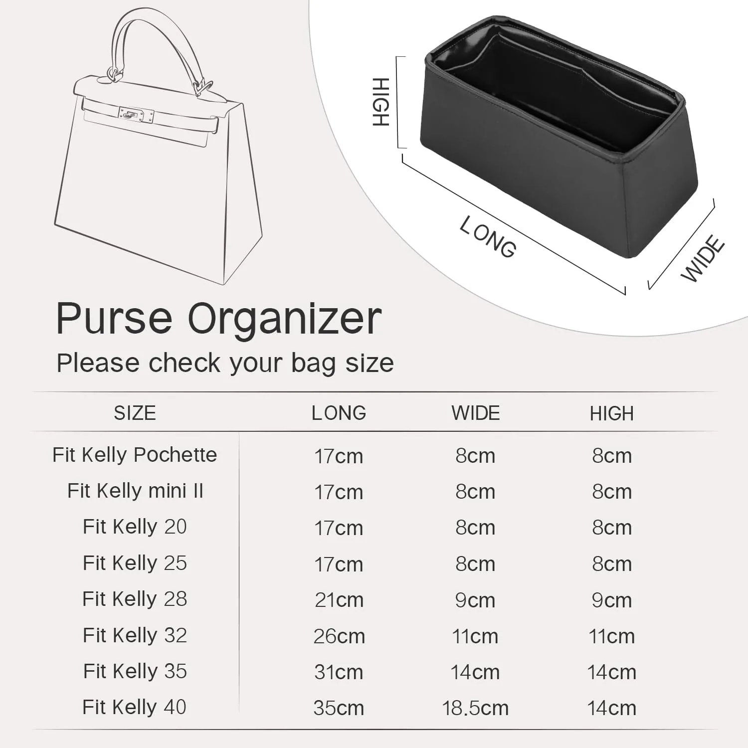 Kelly 32 Insert, Purse Organizer Insert Compatible with Hermes Kelly Bag, Lightweight and Silky Smooth, Bag Insert for Kelly 32 (Black, KL32)