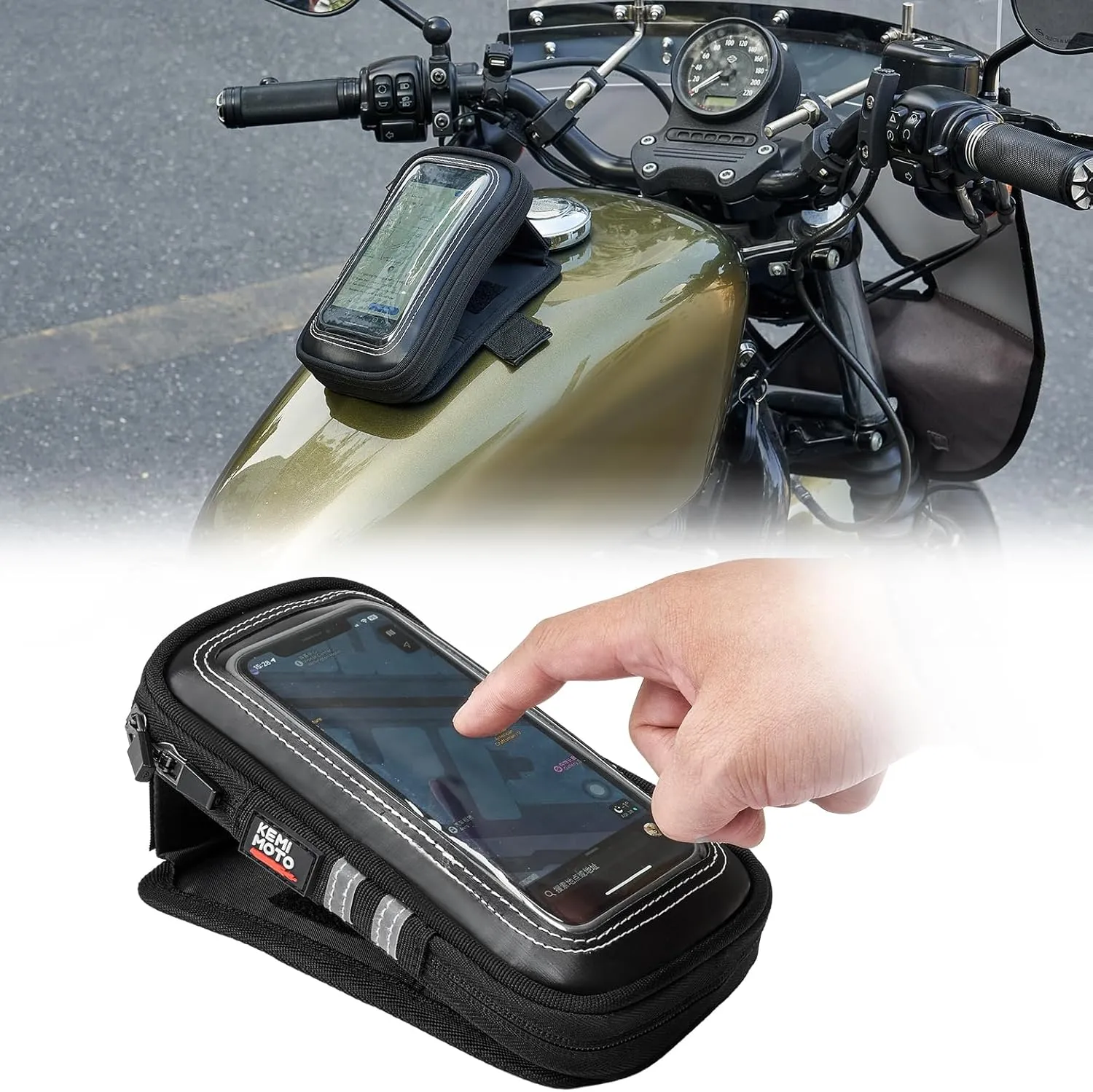 KEMIMOTO Magnetic Motorcycle Phone Case Tank Bag Phone Holder Water-Resistant Breathable Gas Small Phone Bag Case Adjustable Angle Touch Screen Cell Phone Mount Universal up to 6.5 Inch