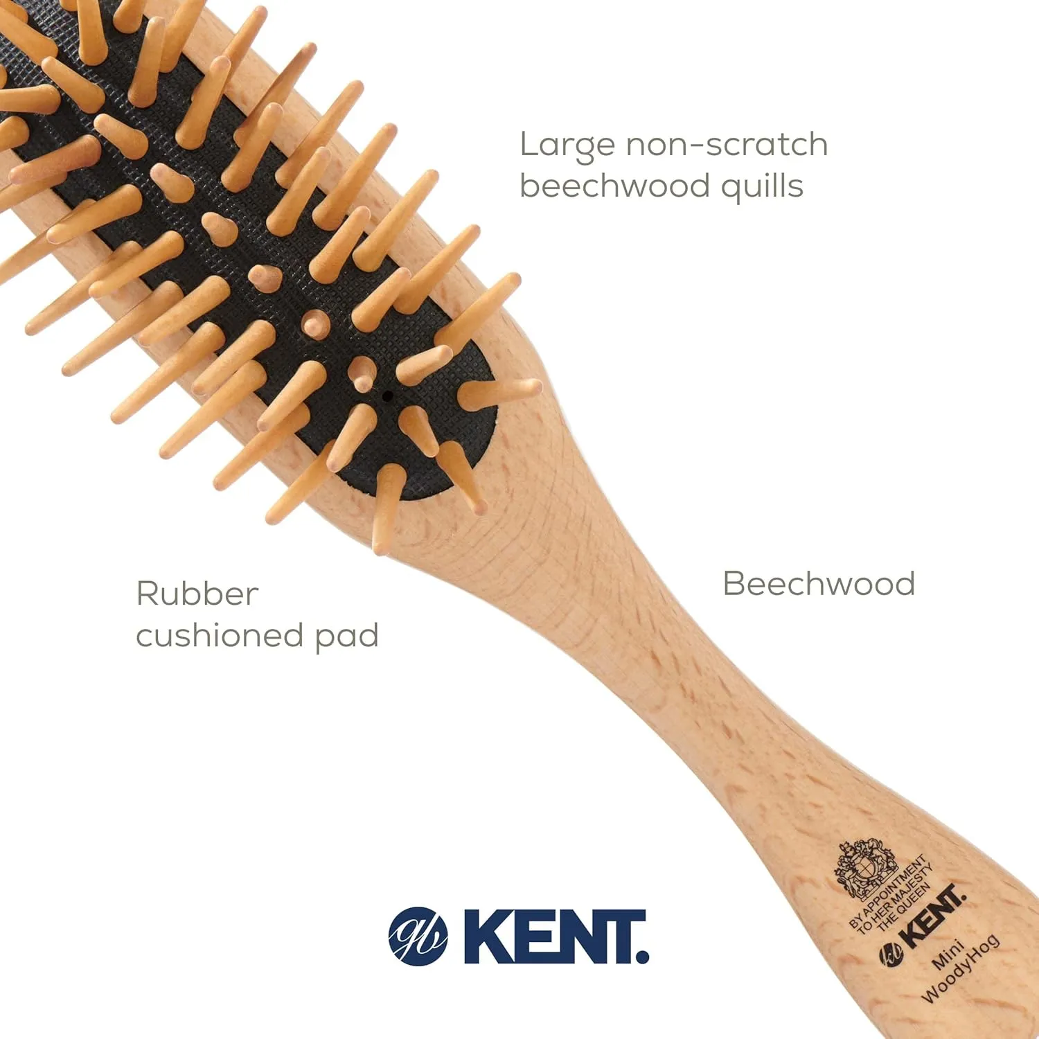 Kent KB MiniWoodyhog Travel Size Detangling Brush - Beech-Wood With Firm Rounded Wooden Bristles - Natural Cushion Detangler for Women, Men and Kids Everyday Hair Care - Made in England