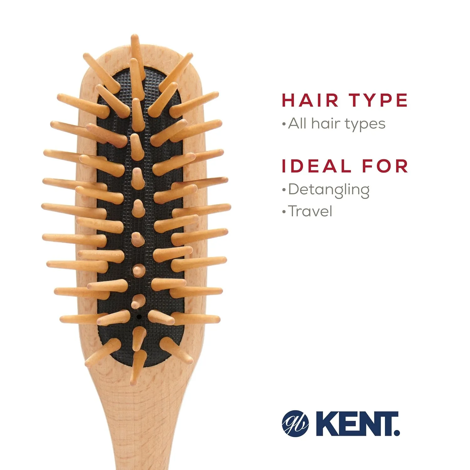 Kent KB MiniWoodyhog Travel Size Detangling Brush - Beech-Wood With Firm Rounded Wooden Bristles - Natural Cushion Detangler for Women, Men and Kids Everyday Hair Care - Made in England