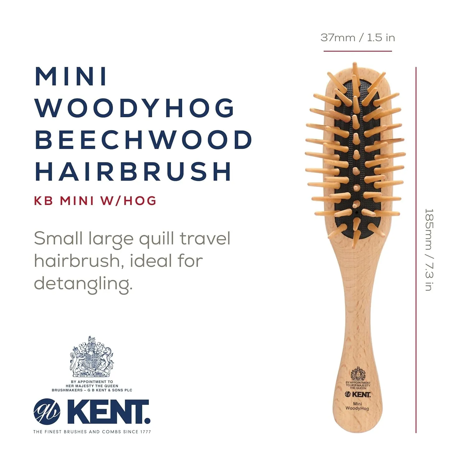 Kent KB MiniWoodyhog Travel Size Detangling Brush - Beech-Wood With Firm Rounded Wooden Bristles - Natural Cushion Detangler for Women, Men and Kids Everyday Hair Care - Made in England
