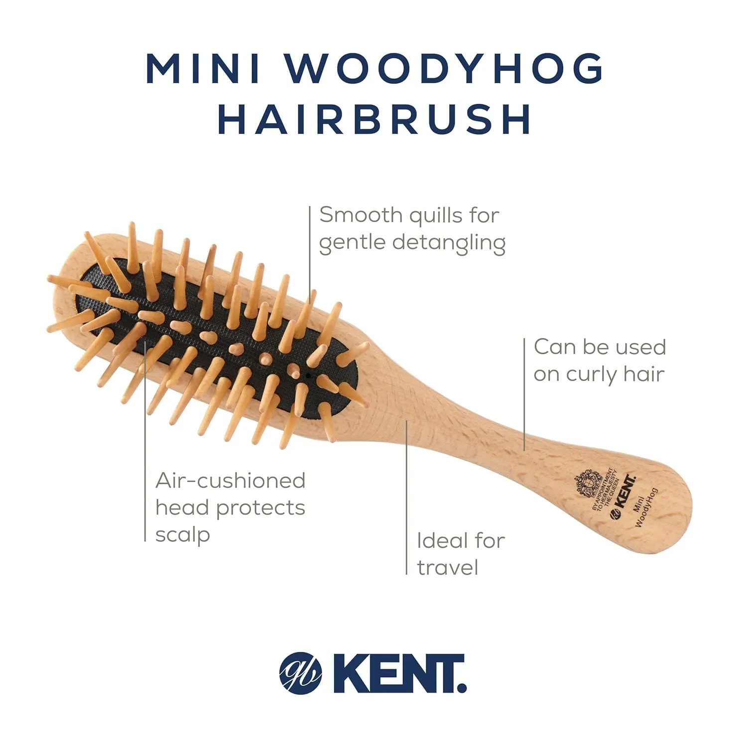 Kent KB MiniWoodyhog Travel Size Detangling Brush - Beech-Wood With Firm Rounded Wooden Bristles - Natural Cushion Detangler for Women, Men and Kids Everyday Hair Care - Made in England