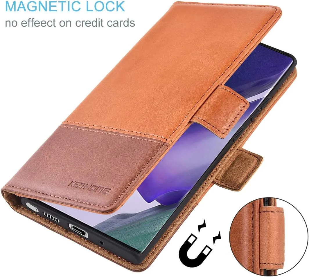 KEZiHOME Note 20 Ultra Case, Genuine Leather [RFID Blocking] Galaxy Note 20 Ultra 5G Wallet Case Credit Card Slot Flip Magnetic Stand Case for Samsung Galaxy Note 20 Ultra 2020 (Khaki/Brown)
