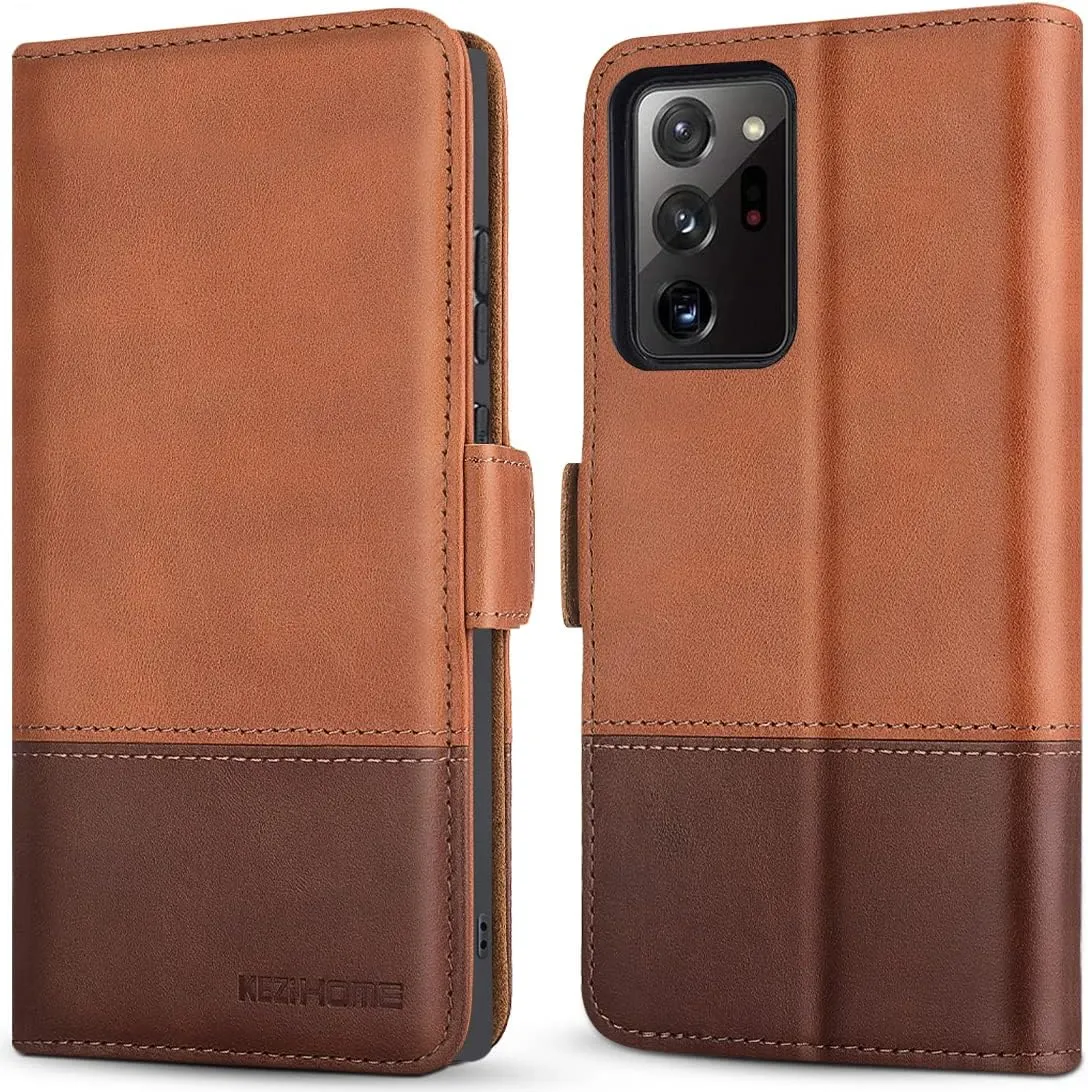 KEZiHOME Note 20 Ultra Case, Genuine Leather [RFID Blocking] Galaxy Note 20 Ultra 5G Wallet Case Credit Card Slot Flip Magnetic Stand Case for Samsung Galaxy Note 20 Ultra 2020 (Khaki/Brown)