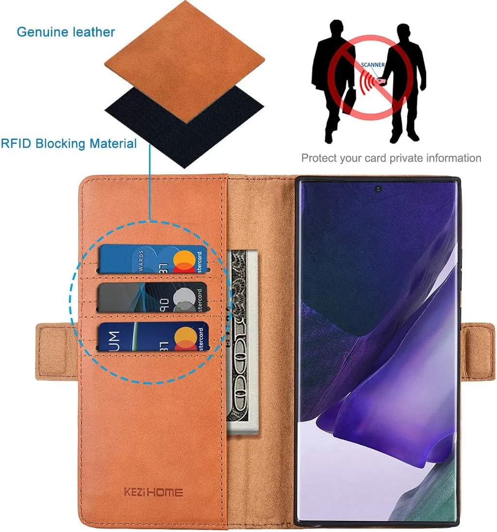 KEZiHOME Note 20 Ultra Case, Genuine Leather [RFID Blocking] Galaxy Note 20 Ultra 5G Wallet Case Credit Card Slot Flip Magnetic Stand Case for Samsung Galaxy Note 20 Ultra 2020 (Khaki/Brown)
