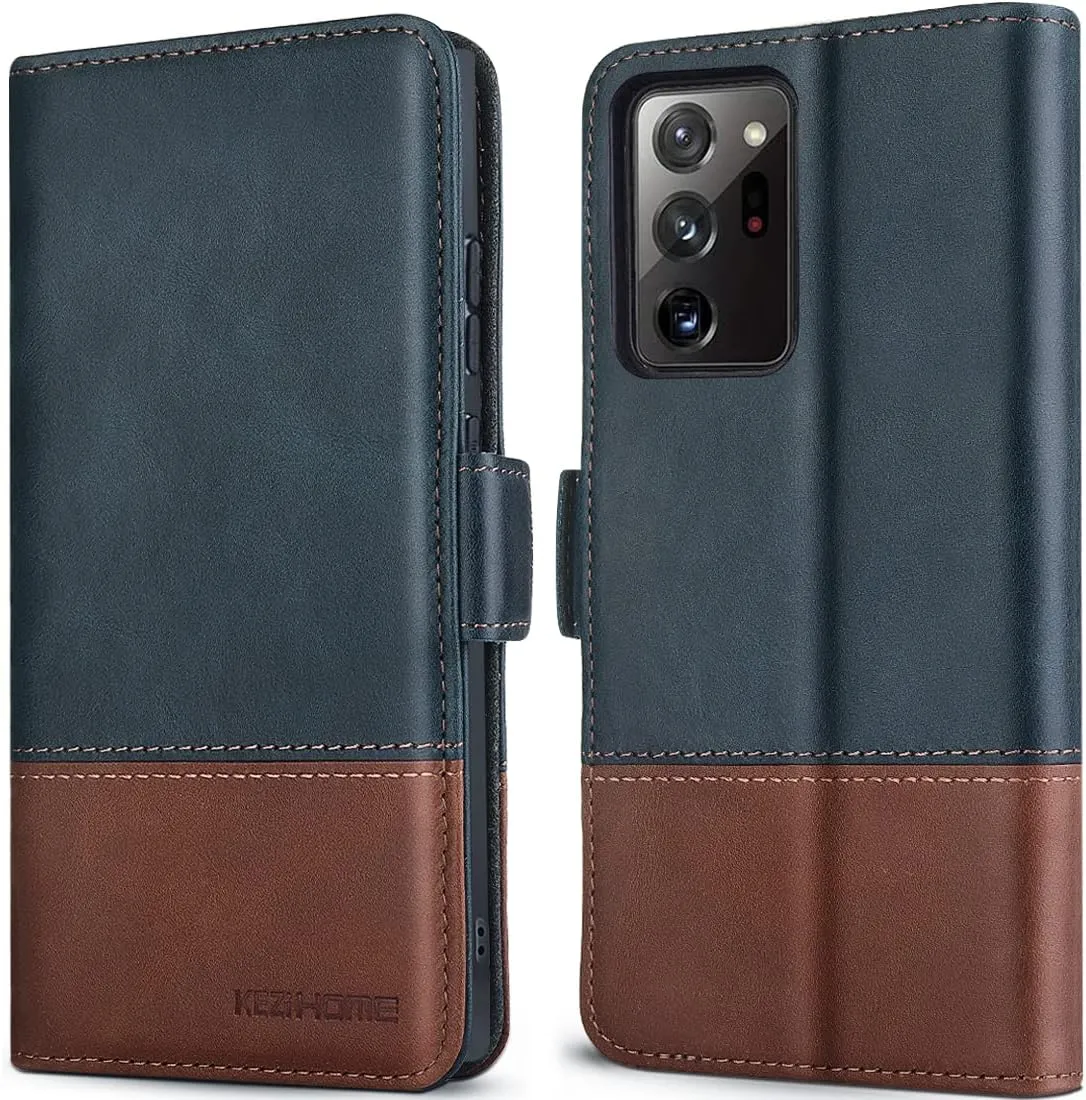 KEZiHOME Note 20 Ultra Case, Genuine Leather [RFID Blocking] Galaxy Note 20 Ultra 5G Wallet Case Credit Card Slot Flip Magnetic Stand Case for Samsung Galaxy Note 20 Ultra 2020 (Navy Blue/Brown)