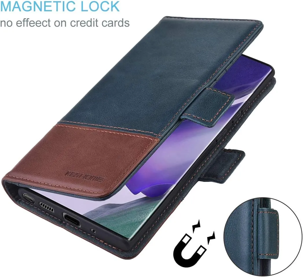 KEZiHOME Note 20 Ultra Case, Genuine Leather [RFID Blocking] Galaxy Note 20 Ultra 5G Wallet Case Credit Card Slot Flip Magnetic Stand Case for Samsung Galaxy Note 20 Ultra 2020 (Navy Blue/Brown)
