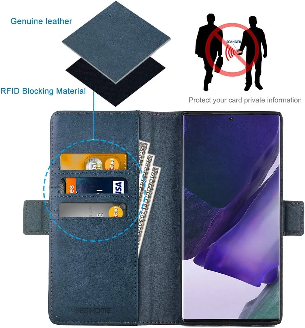 KEZiHOME Note 20 Ultra Case, Genuine Leather [RFID Blocking] Galaxy Note 20 Ultra 5G Wallet Case Credit Card Slot Flip Magnetic Stand Case for Samsung Galaxy Note 20 Ultra 2020 (Navy Blue/Brown)