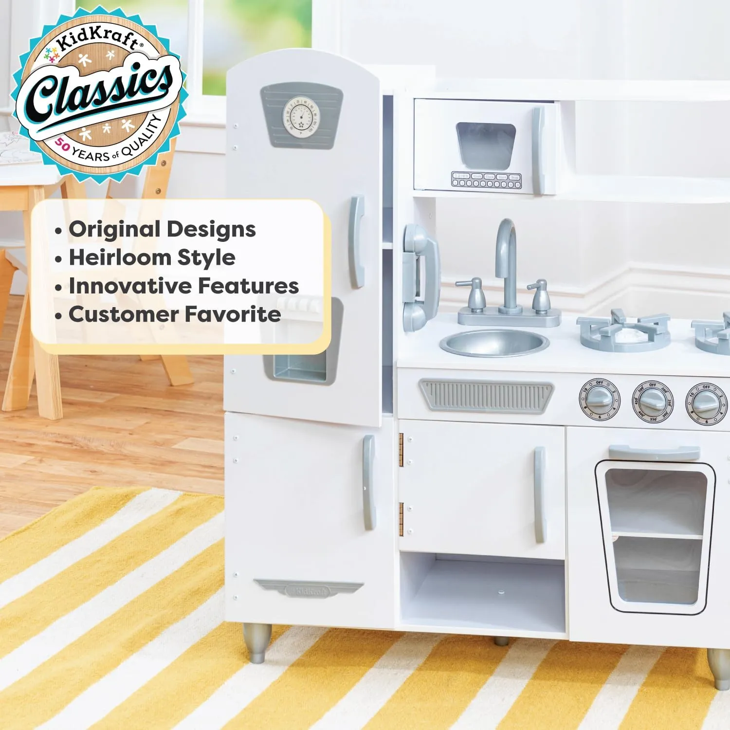 KidKraft Vintage Wooden Play Kitchen with Pretend Ice Maker and Play Phone, White