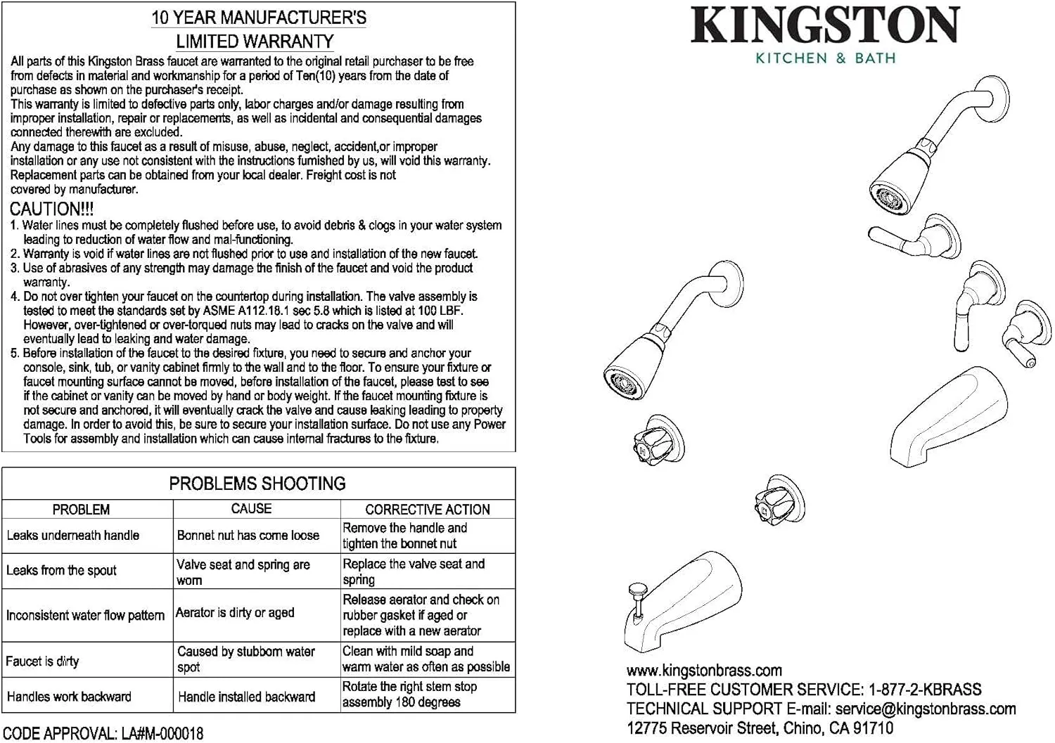 Kingston Brass KB6238LL Legacy Tub and Shower Faucet, Brushed Nickel,5-Inch Spout Reach