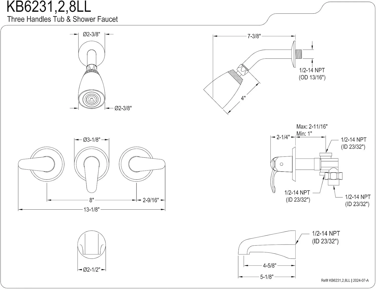 Kingston Brass KB6238LL Legacy Tub and Shower Faucet, Brushed Nickel,5-Inch Spout Reach