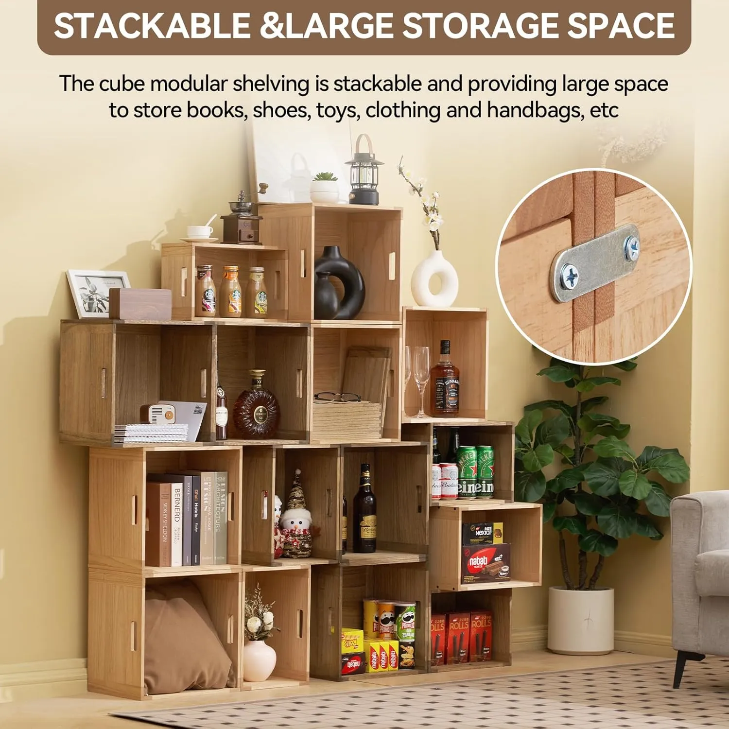 KIRIGEN Stackable Wood Storage Cube/Basket/Bins Organizer for Home Books Clothes Toy Modular Open Cubby Storage System - Office Cubical Bookcase Closet Shelves C26-DBR