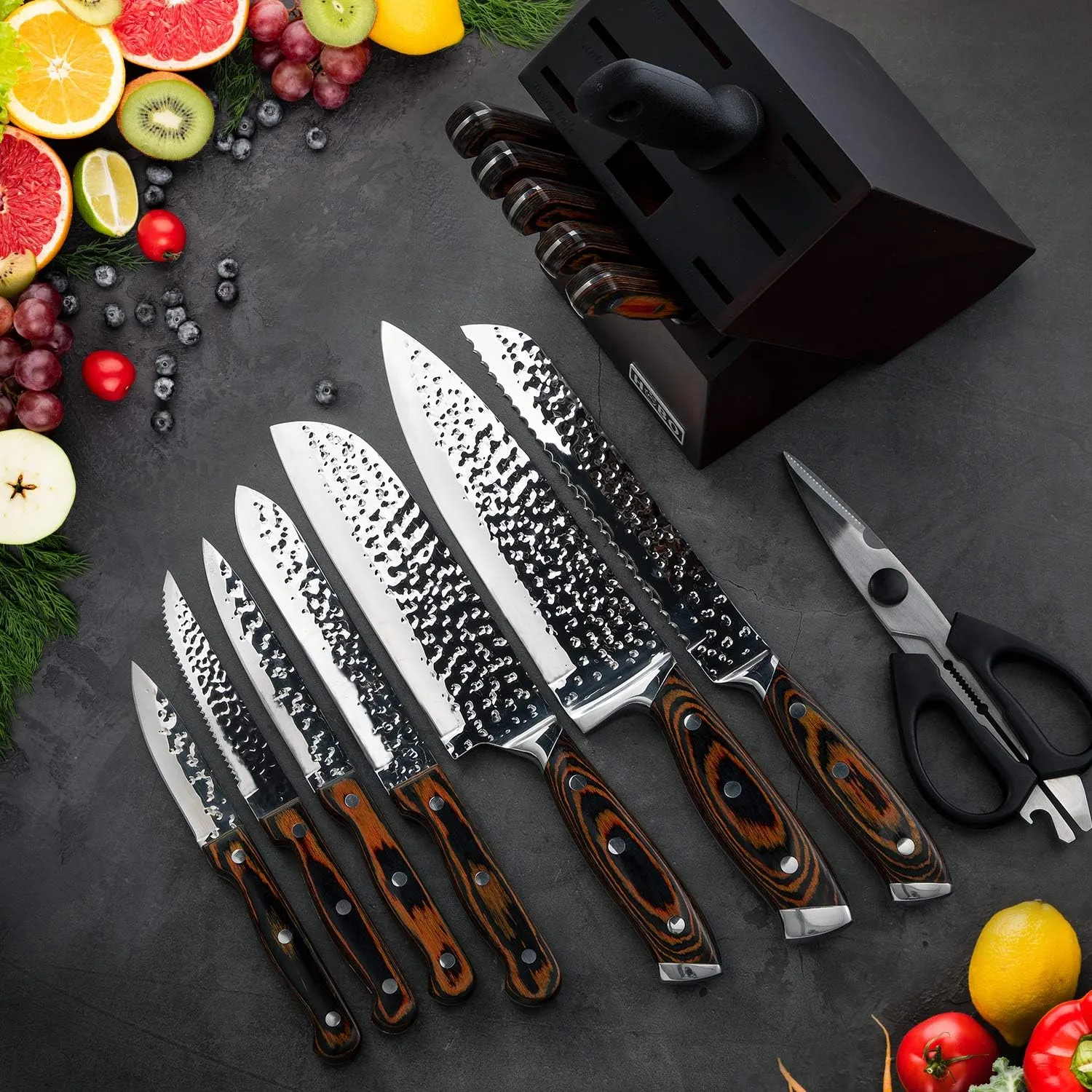 Kitchen Knife Set,15-Piece Knife Set With Block Wooden,Self Sharpening For Chef Knife Set,High Carbon Japan Stainless Steel Hammered Collection Knife Block Set with Steak Knives, Boxed Knife Set