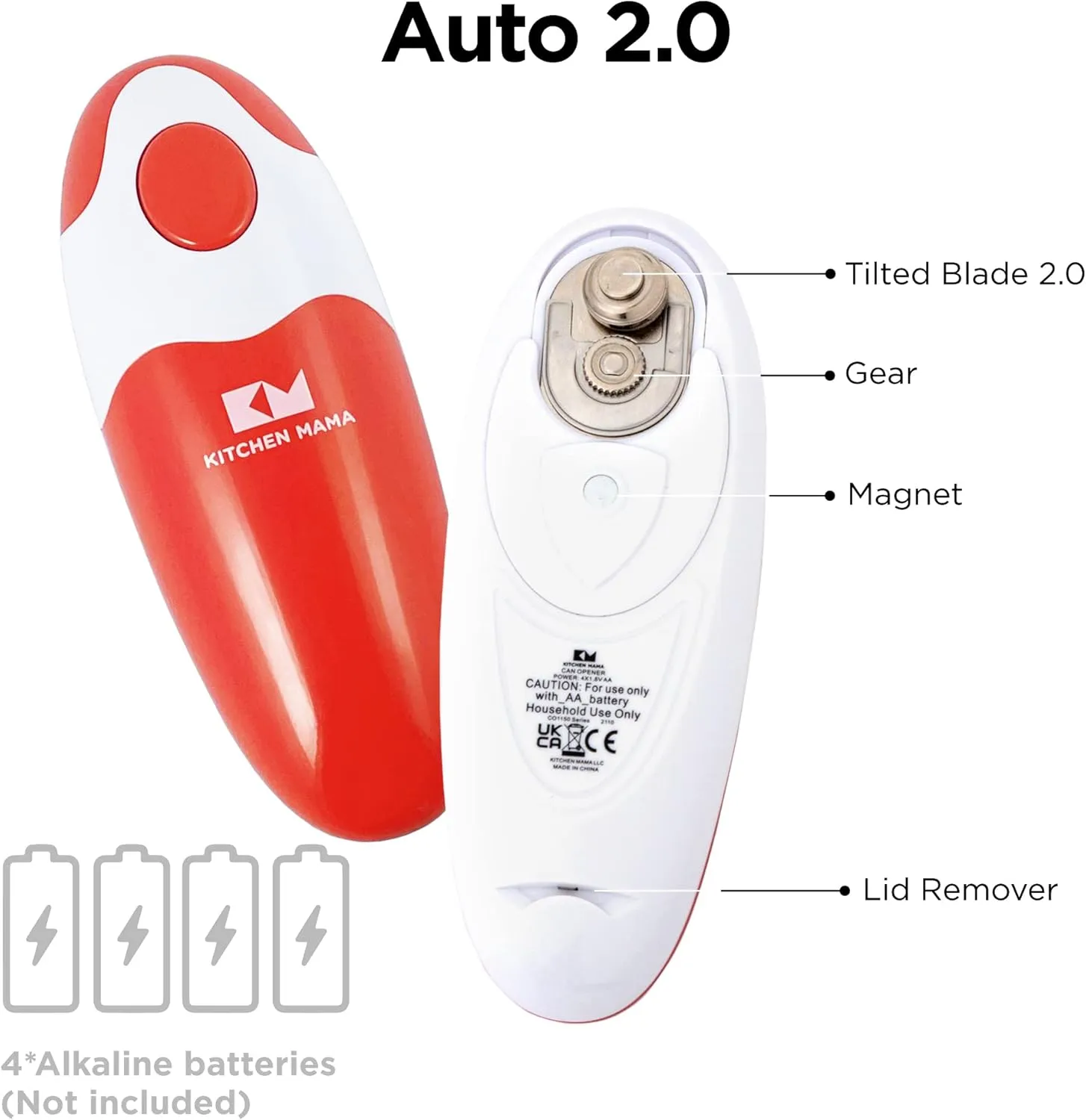 Kitchen Mama Auto 2.0 Electric Can Opener: Refined Blade Opens Almost Any Cans - Automatic, Hands Free, Smooth Edge, Food-Safe, Battery Operated, YES YOU CAN (Red)