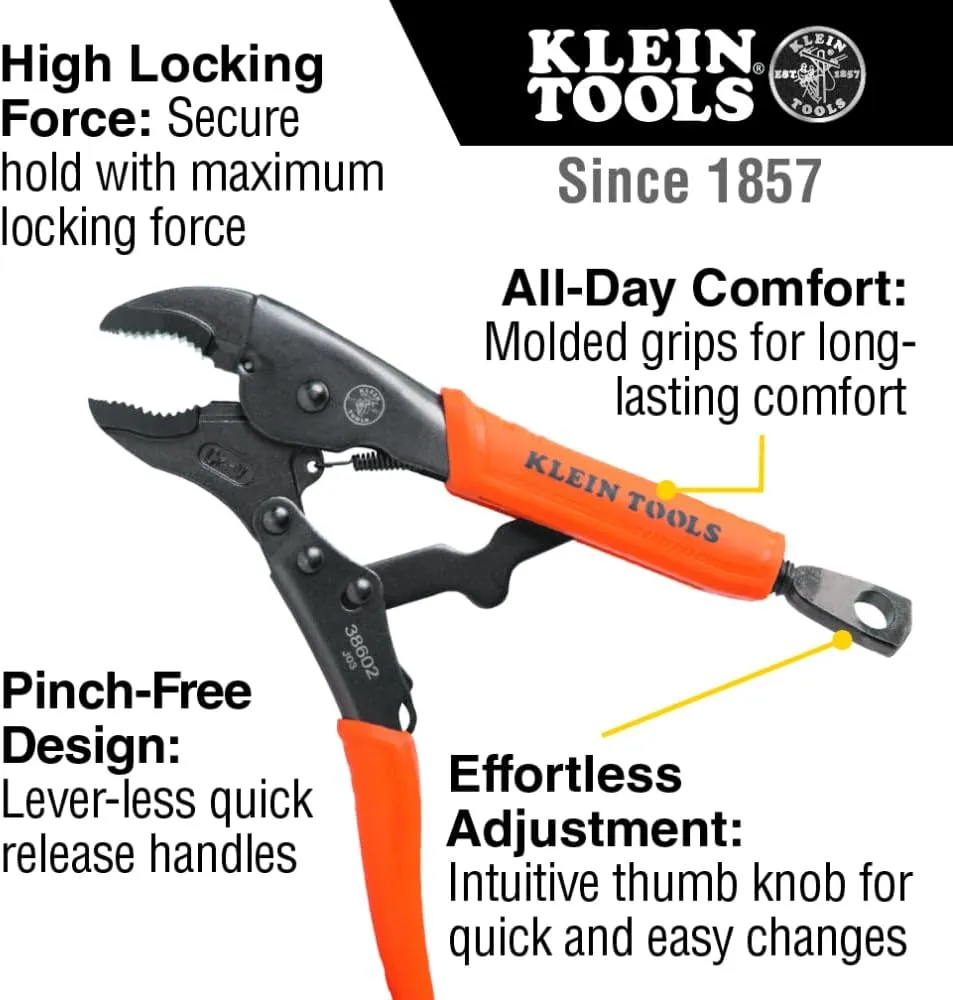 Klein Tools 38660 Locking Pliers Set, 7-Inch and 10-Inch Curved Jaw Pliers, Quick Release Handles, High Torque and Gripping Power, 2-Piece