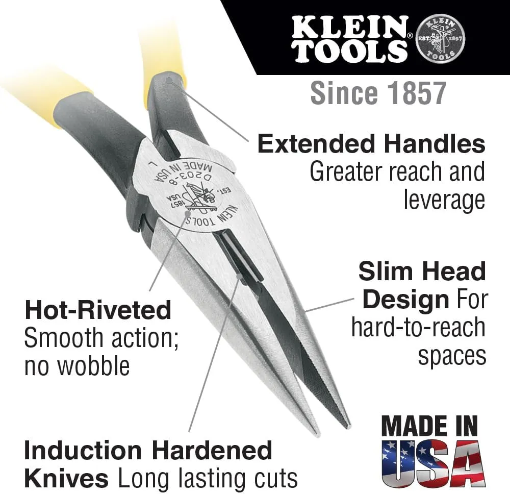 Klein Tools D203-7 Needle Nose Pliers, Long Nose Side Cutters, Heavy Duty Alligator Pliers, 7-Inch