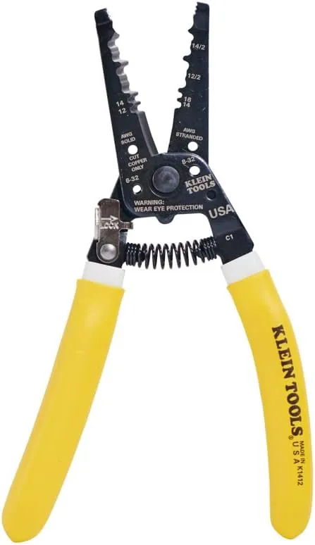 Klein Tools K1412 Wire Cutter / Stripper, Made in USA, Dual NM Cable Stripper and Cutter for Solid Copper, Strips 12 and 14 AWG