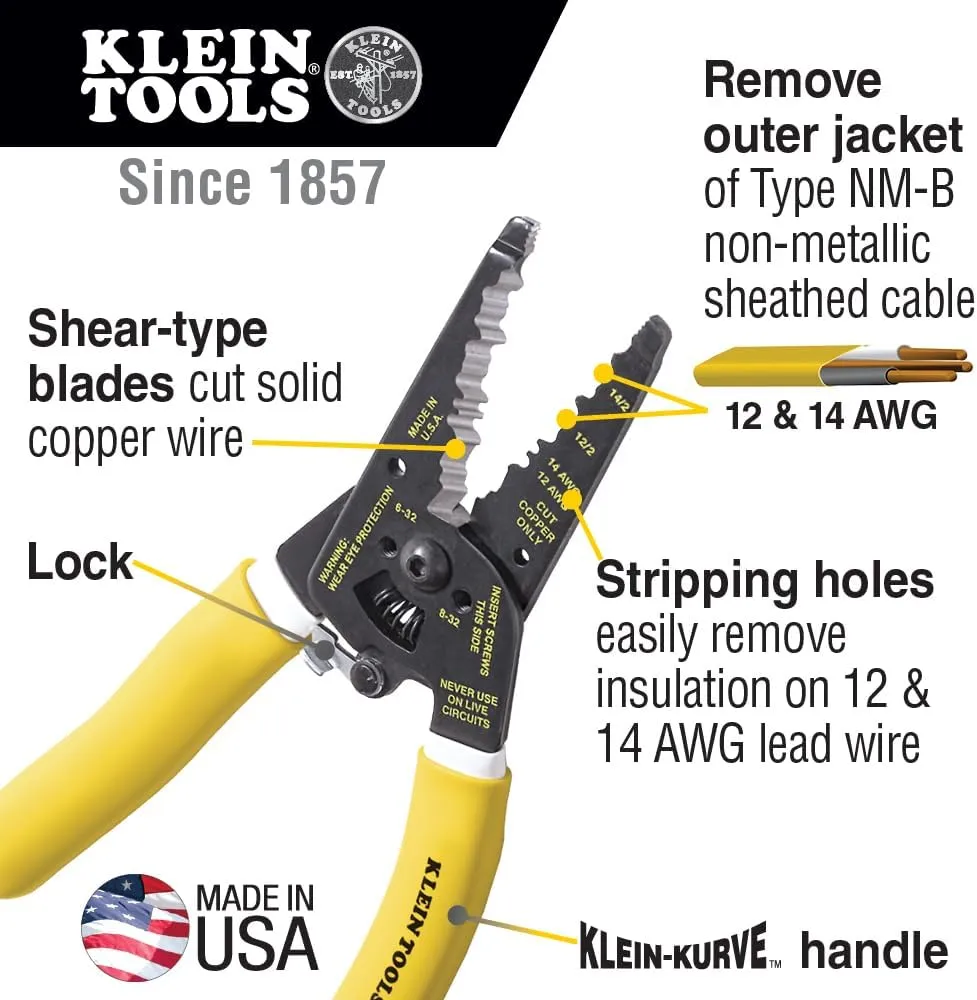 Klein Tools K1412 Wire Cutter / Stripper, Made in USA, Dual NM Cable Stripper and Cutter for Solid Copper, Strips 12 and 14 AWG