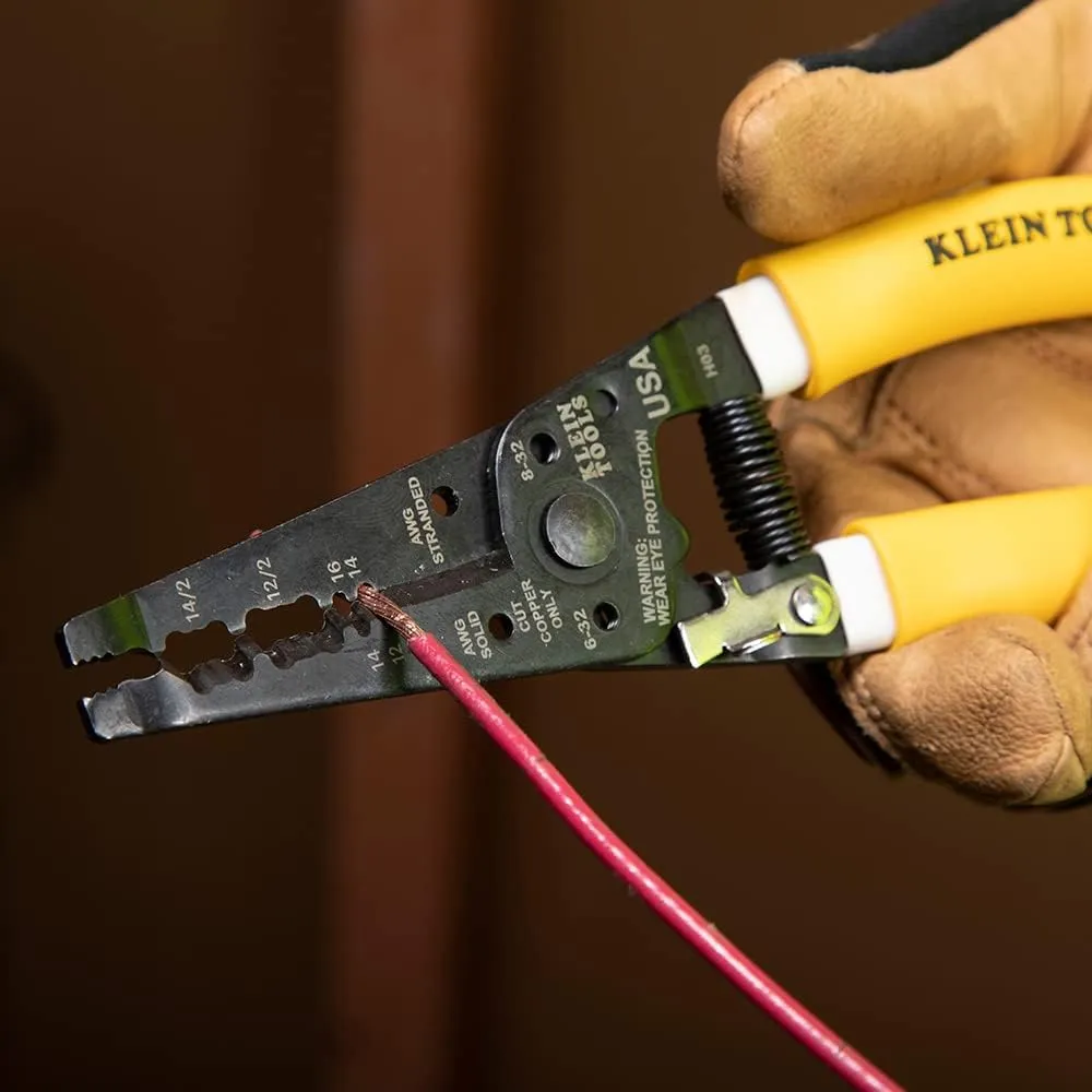 Klein Tools K1412 Wire Cutter / Stripper, Made in USA, Dual NM Cable Stripper and Cutter for Solid Copper, Strips 12 and 14 AWG