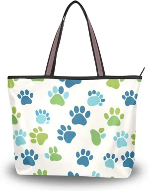 KLL silk fabric zippered handbags for women summer chick fashion purses and handbags for shopping Paw Prints Blue Green size 15.7x11.4 in