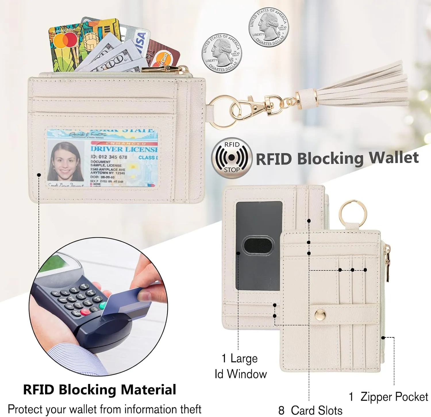 KNGITRYI Wallet Keychain Wristlet for Women,Slim RFID Credit Card Holder Purse Tassel Keychain Bangle Key Ring for Men Women