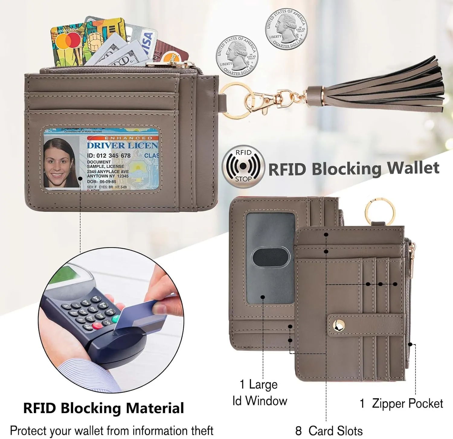 KNGITRYI Wallet Keychain Wristlet for Women,Slim RFID Credit Card Holder Purse Tassel Keychain Bangle Key Ring for Men Women