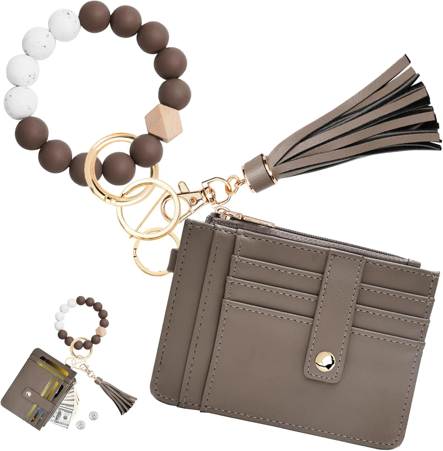 KNGITRYI Wallet Keychain Wristlet for Women,Slim RFID Credit Card Holder Purse Tassel Keychain Bangle Key Ring for Men Women