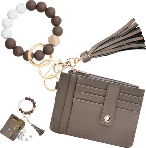 KNGITRYI Wallet Keychain Wristlet for Women,Slim RFID Credit Card Holder Purse Tassel Keychain Bangle Key Ring for Men Women