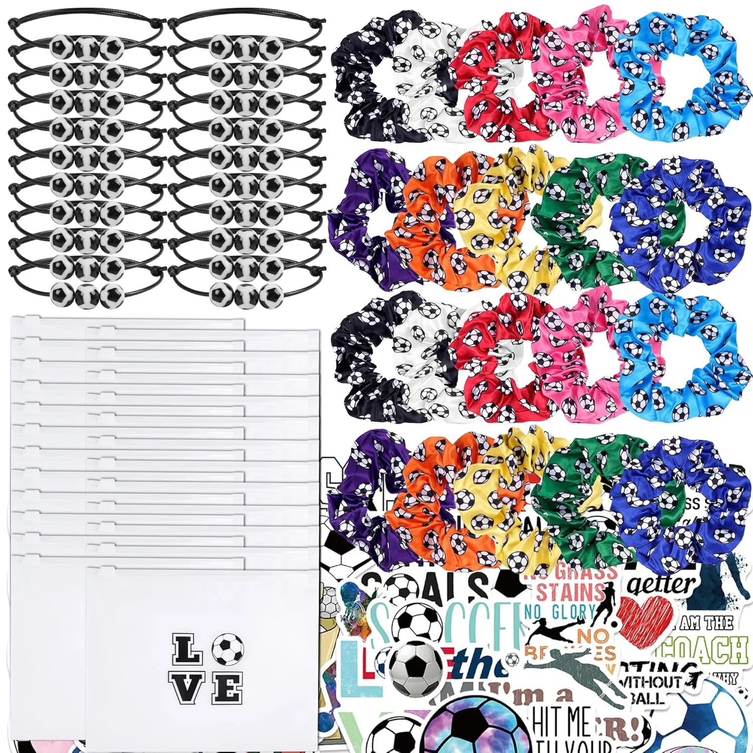 Kolewo4ever Girls' Soccer Gift Set - 160 Pieces Accessory Set Including Soccer Scrunchies, Bracelets, Makeup Bags, and Stickers - Multicolor