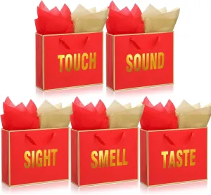 Kolldenn 5 Senses Gift Bags for Him Her Five Senses Gift Bag with Ribbon Handles and Tissue Paper Present Wrappings for Valentine Wedding Birthday Mothers Day(Red,11.8 x 10 x 4 Inch)
