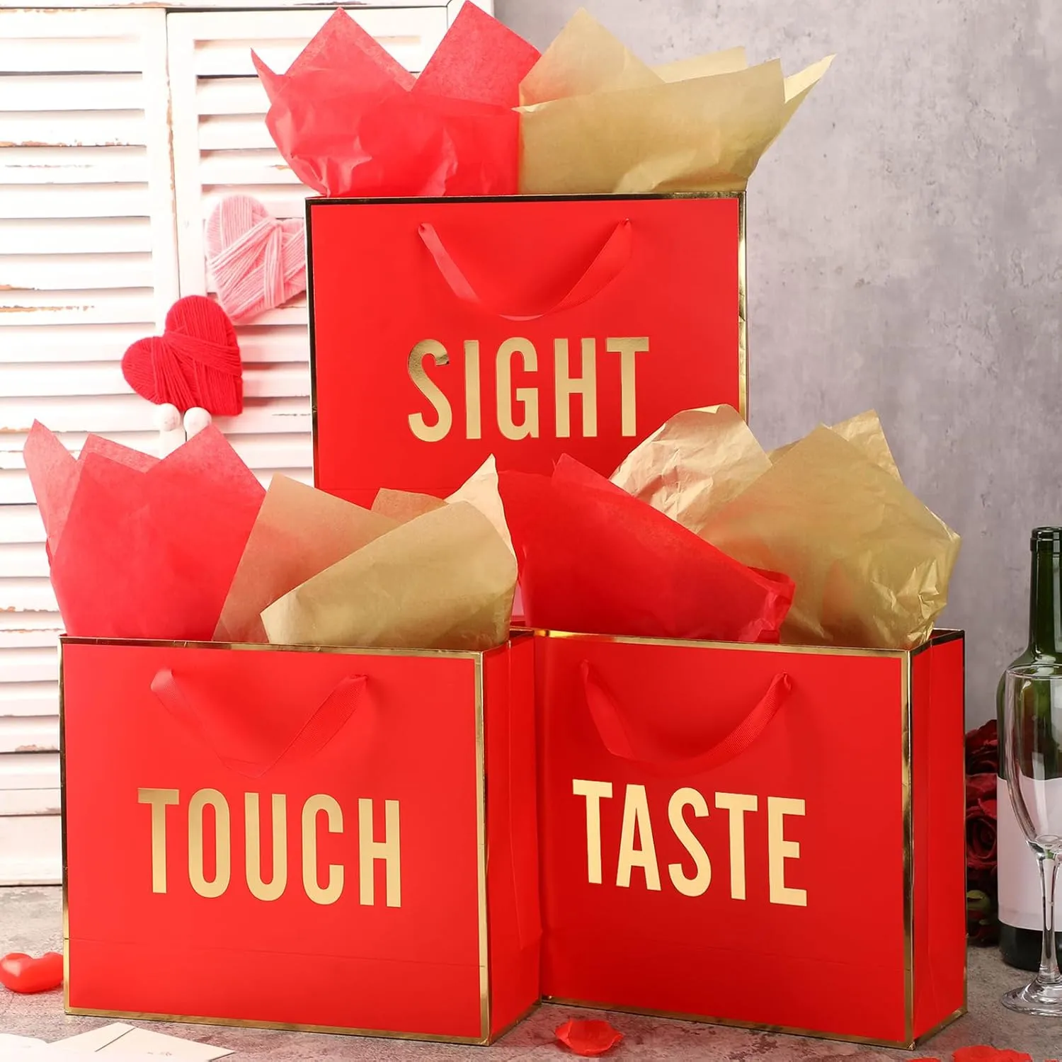 Kolldenn 5 Senses Gift Bags for Him Her Five Senses Gift Bag with Ribbon Handles and Tissue Paper Present Wrappings for Valentine Wedding Birthday Mothers Day(Red,11.8 x 10 x 4 Inch)