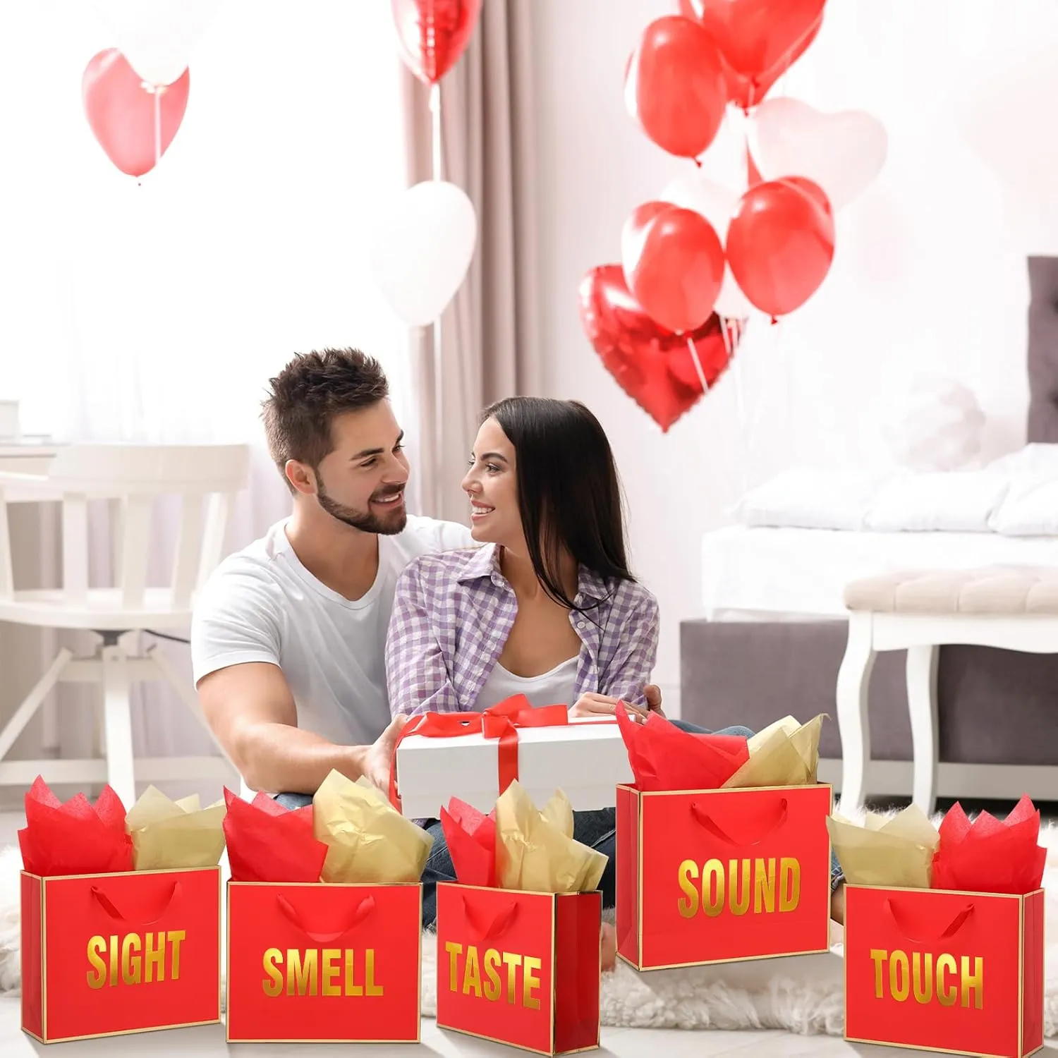 Kolldenn 5 Senses Gift Bags for Him Her Five Senses Gift Bag with Ribbon Handles and Tissue Paper Present Wrappings for Valentine Wedding Birthday Mothers Day(Red,11.8 x 10 x 4 Inch)