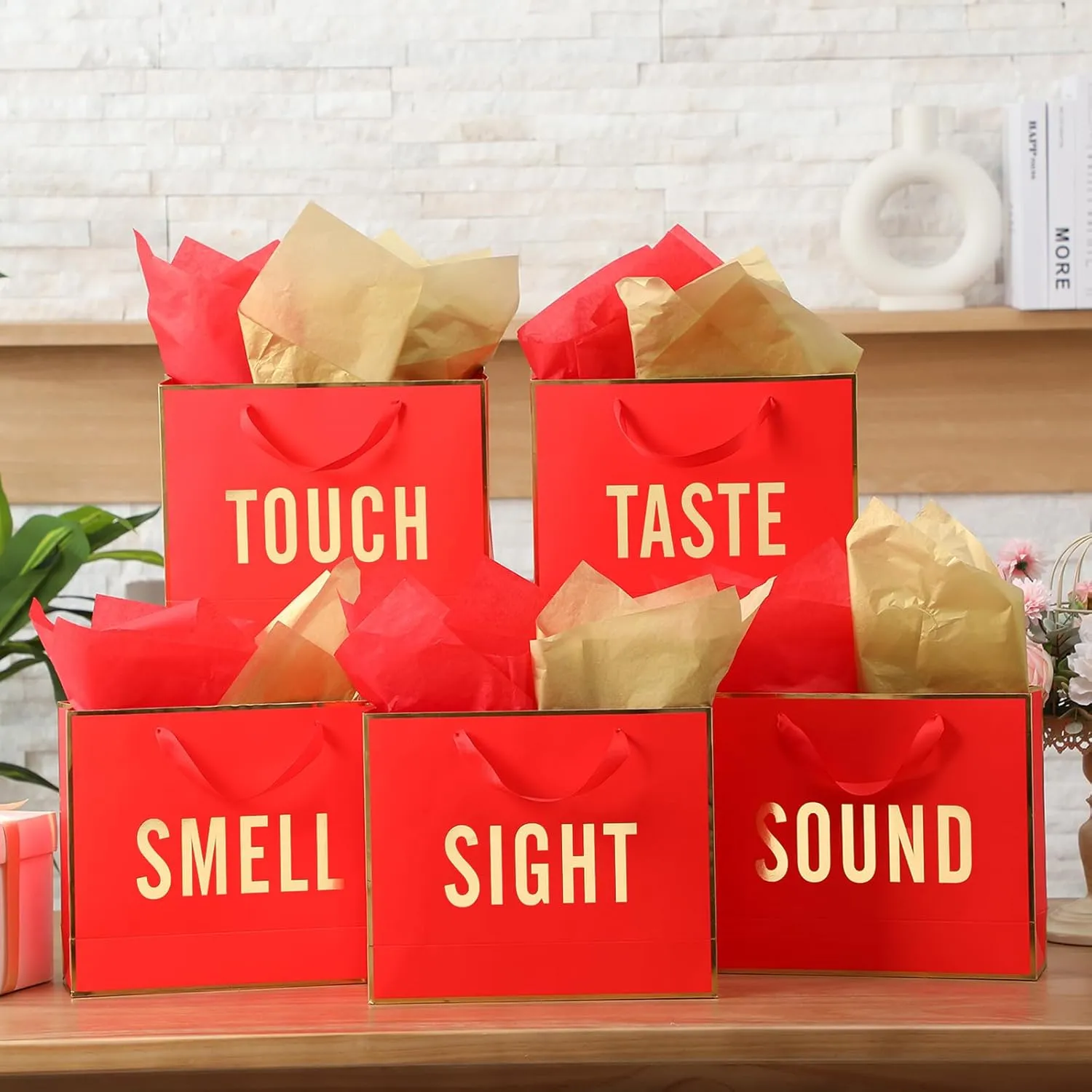 Kolldenn 5 Senses Gift Bags for Him Her Five Senses Gift Bag with Ribbon Handles and Tissue Paper Present Wrappings for Valentine Wedding Birthday Mothers Day(Red,11.8 x 10 x 4 Inch)