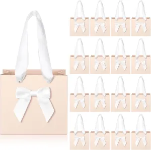 Kolldenn 50 Pcs No DIY Small Gift Bags with Bow Ribbon 4 x 2.7 x 4.5 Inches Mini Paper Thank You Bags Bulk with Handle for Party Favor Wedding Baby Shower Birthday Guests(Light Pink)