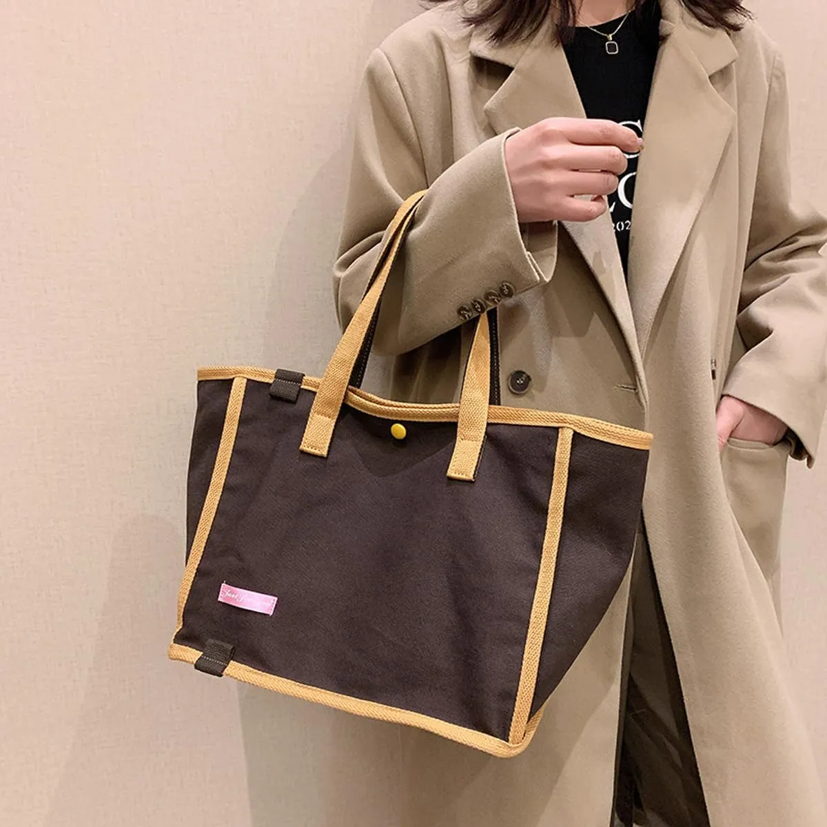 Korean version women's canvas handbag, women's casual and artistic contrasting canvas shopping bag, shoulder bag