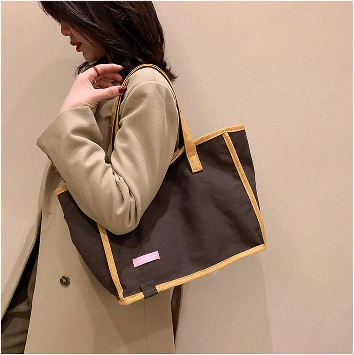 Korean version women's canvas handbag, women's casual and artistic contrasting canvas shopping bag, shoulder bag