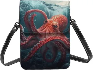 Kraken monster Red octopus sea water Leather Small Crossbody Bags for Women Cell Phone Bag Wallet Purses with Adjustable Strap
