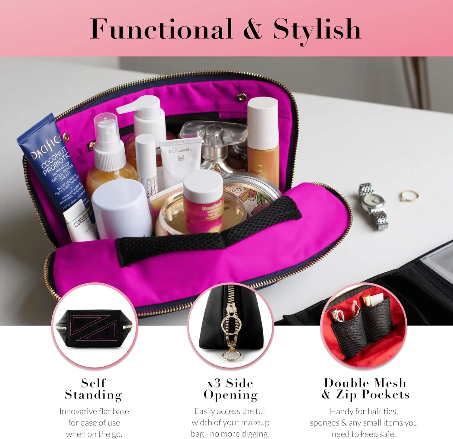 KUSSHI Washable Travel Makeup & Cosmetic Bag - Brush Organizer Sold Separately (Signature, Satin Black/Pink)