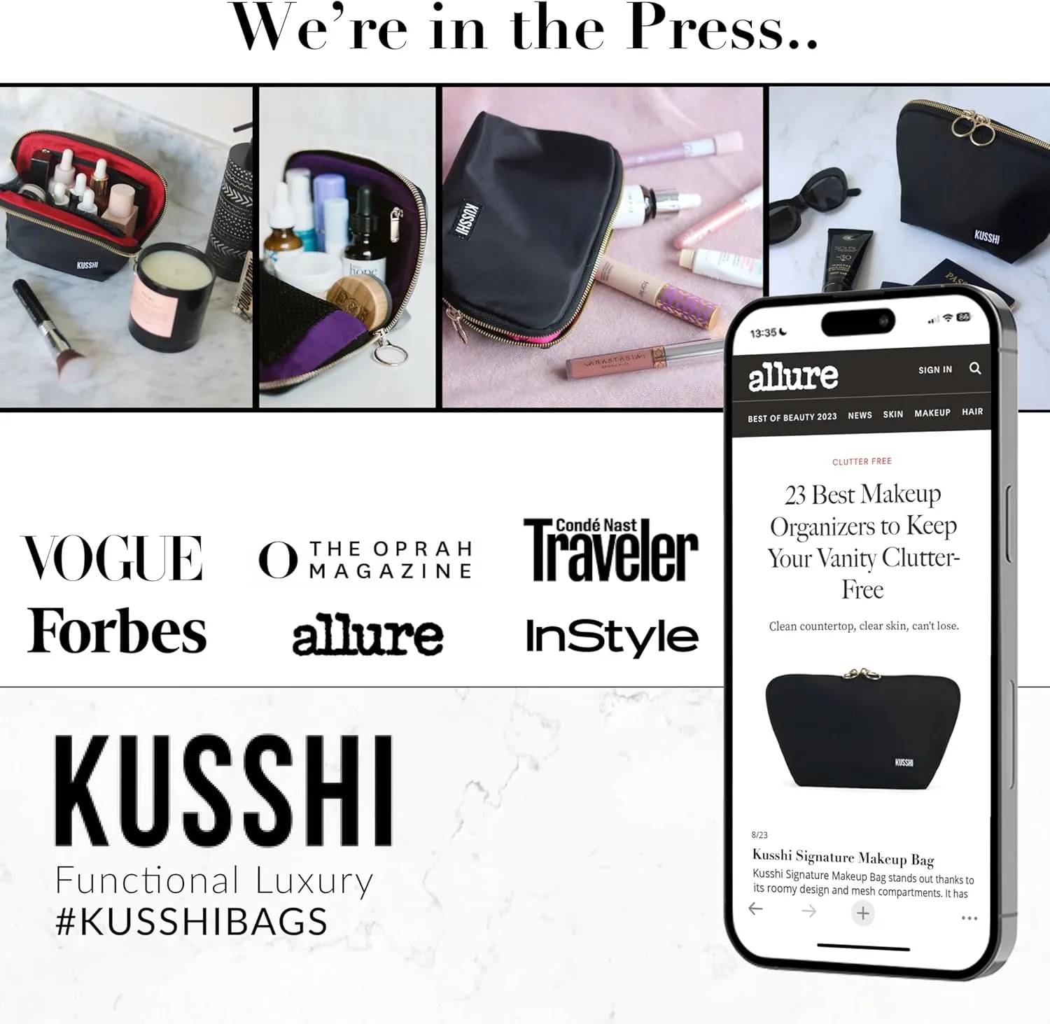 KUSSHI Washable Travel Makeup & Cosmetic Bag - Brush Organizer Sold Separately (Signature, Satin Black/Pink)
