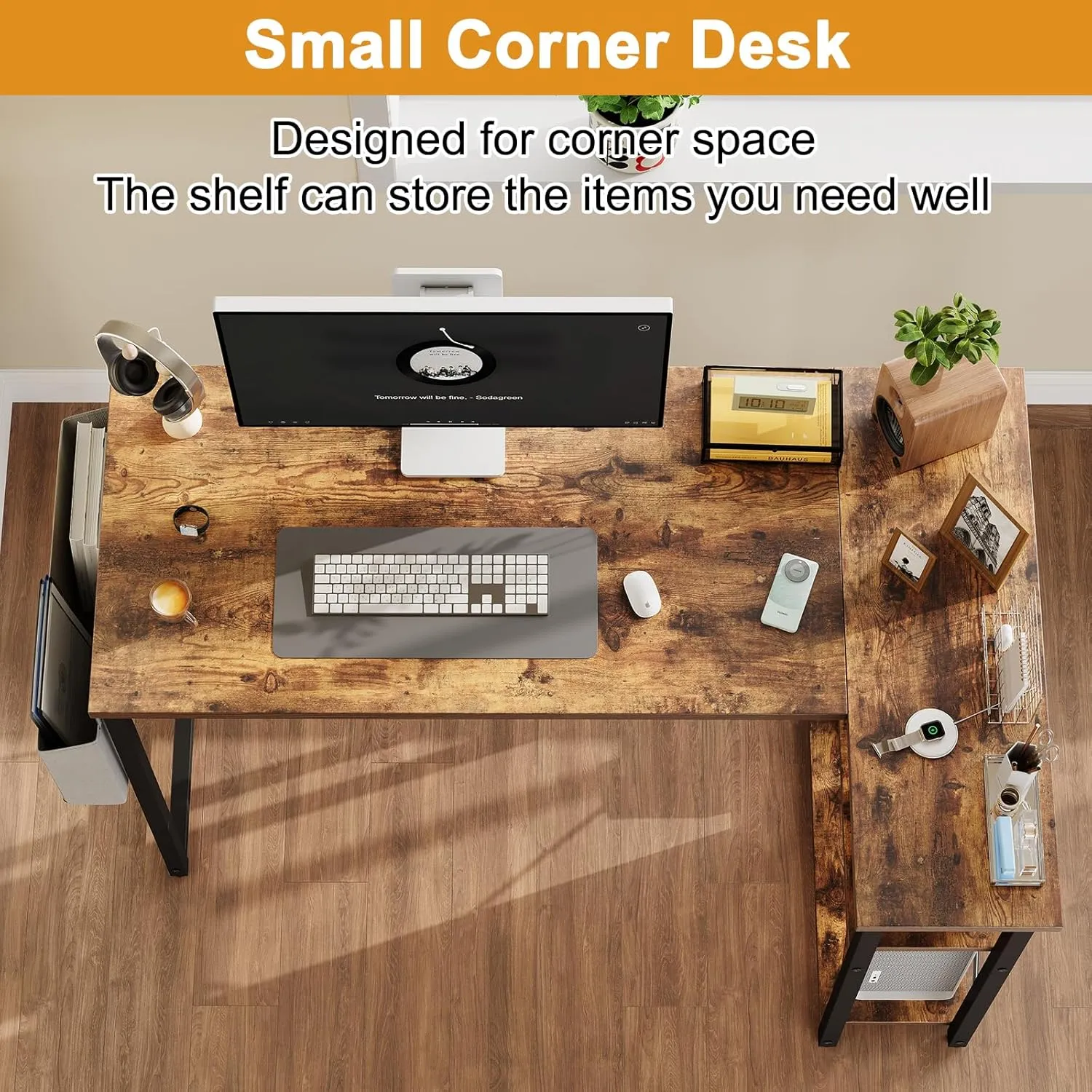 L Shaped Computer Desk with Reversible Shelves, 40 Inch Small Corner Desk with Storage Bag, Gaming Desk Computer Table Study Writing Desk for Home Office Small Space, Rustic Brown