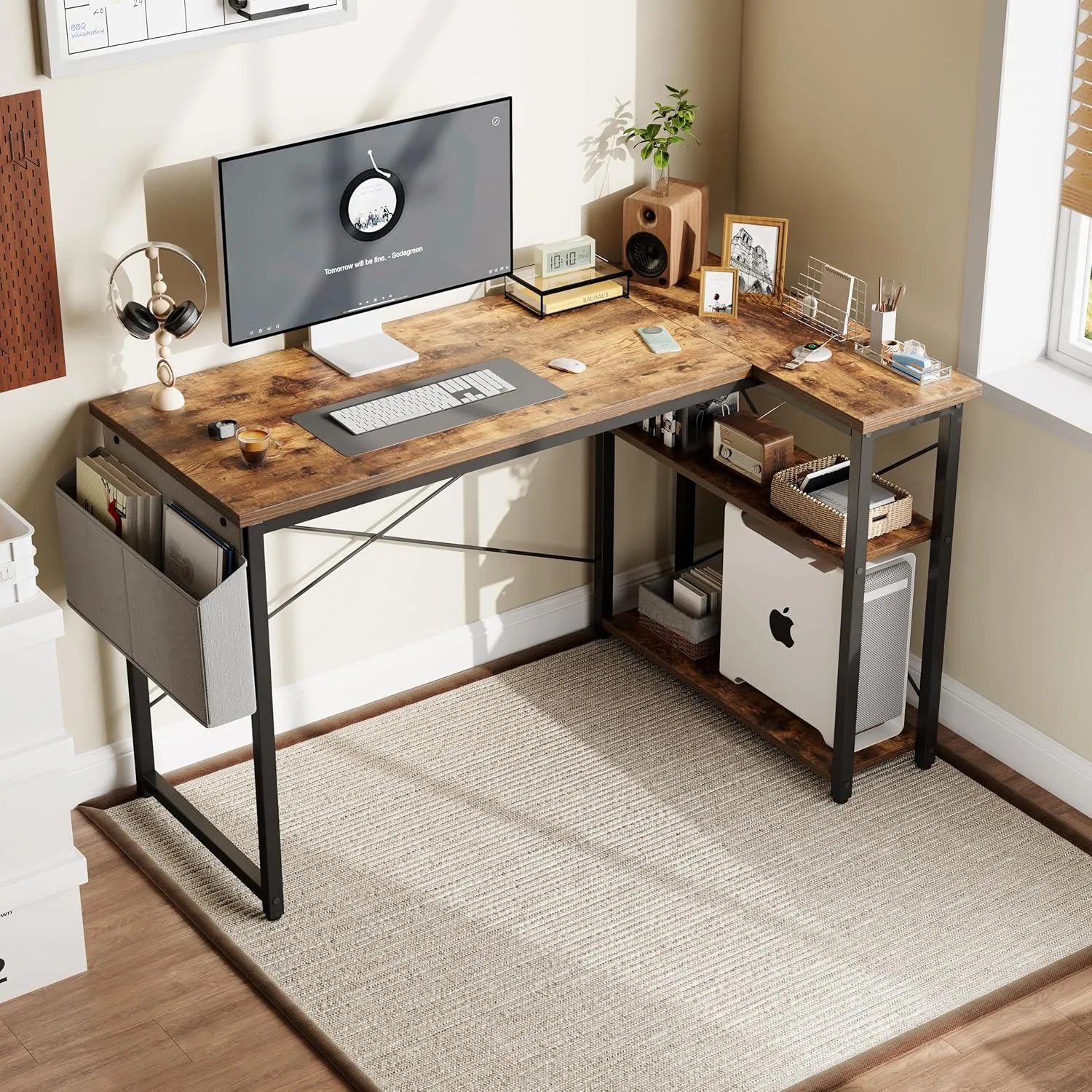 L Shaped Computer Desk with Reversible Shelves, 40 Inch Small Corner Desk with Storage Bag, Gaming Desk Computer Table Study Writing Desk for Home Office Small Space, Rustic Brown