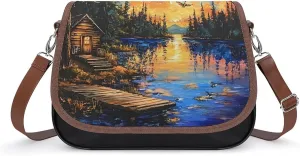Lake Wooden House Ducks At Sunset Crossbody Bags for Women Shoulder Bag Flap Handbags Leather Cross Body Purse