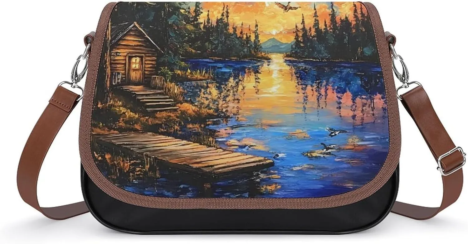 Lake Wooden House Ducks At Sunset Crossbody Bags for Women Shoulder Bag Flap Handbags Leather Cross Body Purse