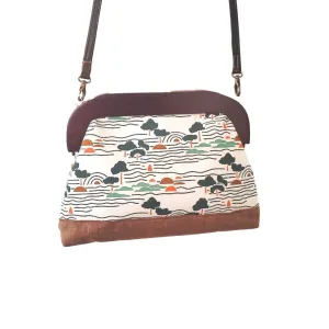 Landscape Wooden Frame Crossbody Bag, Nature Oversized Clutch with Shoulder Strap, Wooden Clasp Bag Made With Japanese Fabric